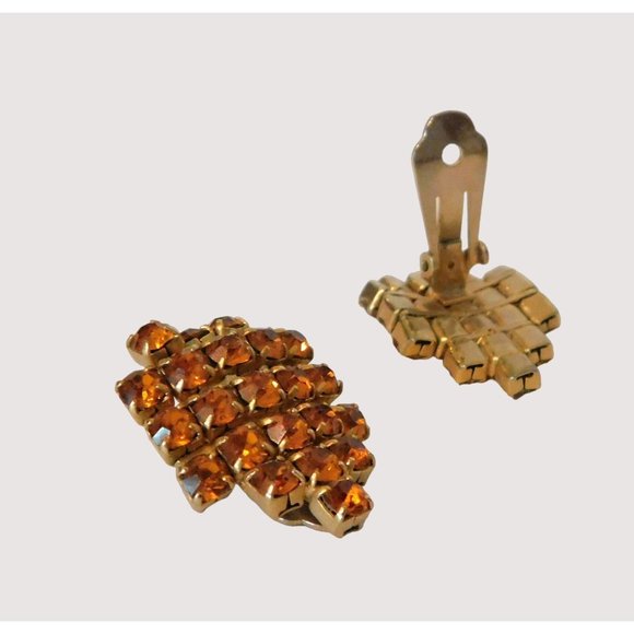 Vintage Amber Rhinestone Necklace 15 Inch Matching Clip Earrings Gold Plated - Picture 7 of 10